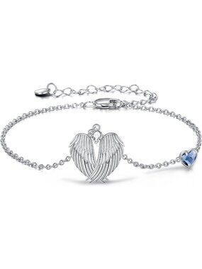 Sterling Silver Angel Wings Bracelet | Heart Charm Jewelry Gift for Women